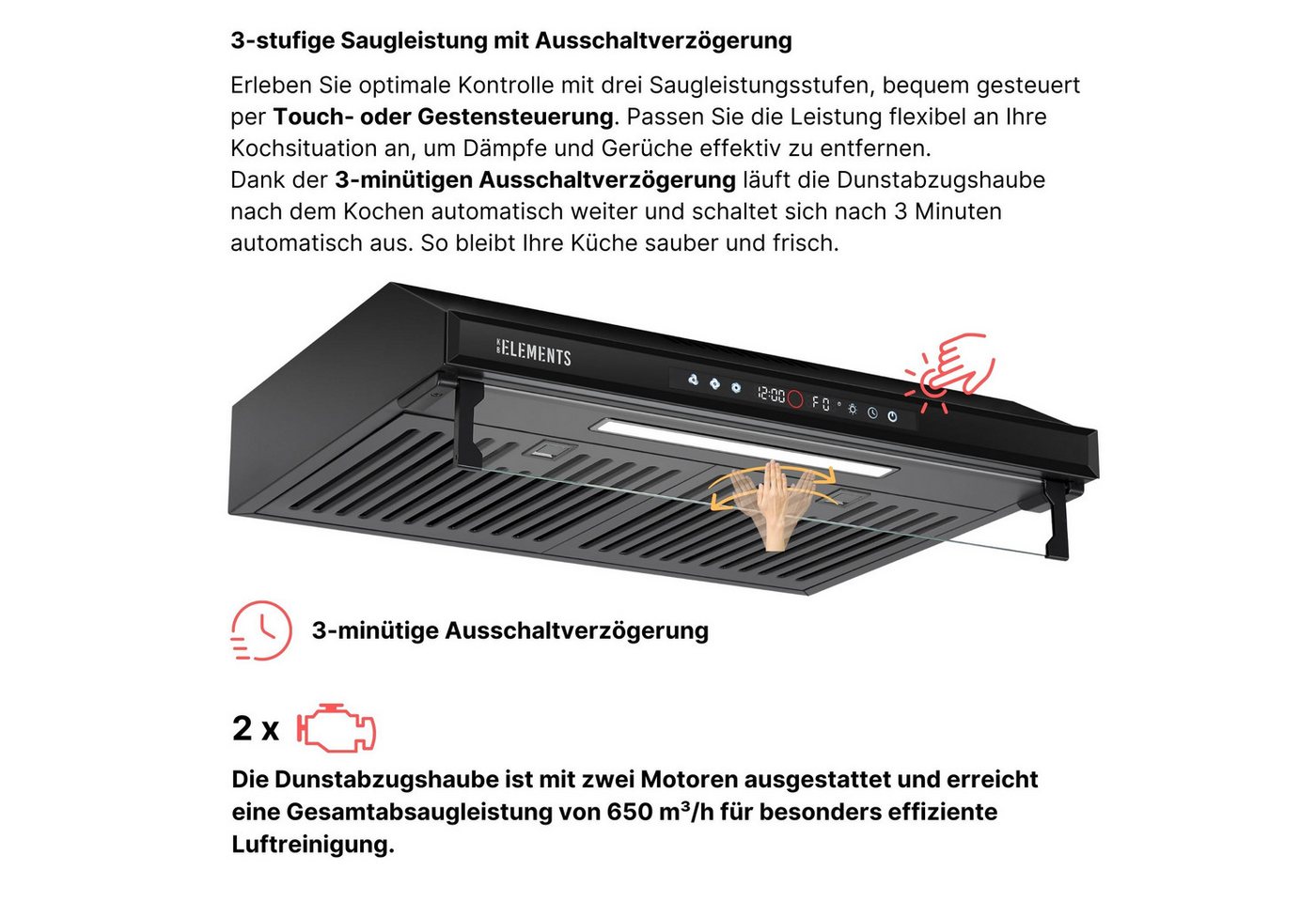 KB Elements Unterbauhaube Doppelter motor 2 x 80 Watt, 650 m³/h Absaugleistung Doppelter motor, Touch / Gestensteuerung – Bild 3 von 5