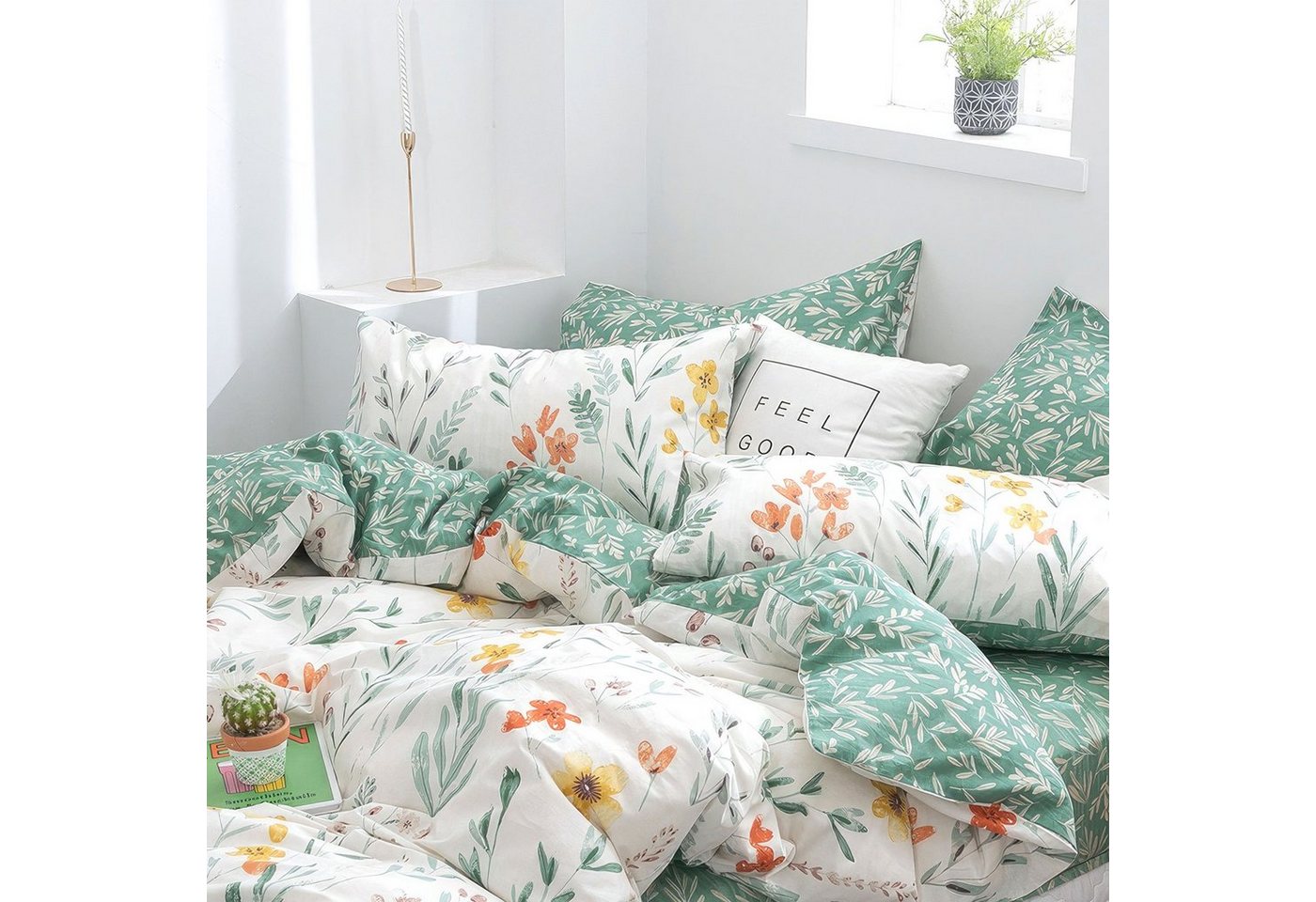 KEAYOO Bettwäsche Blumen, 2 teilig, Blumen Grün Baumwolle Bettwäsche mit Reißverschluss – Bild 3 von 5