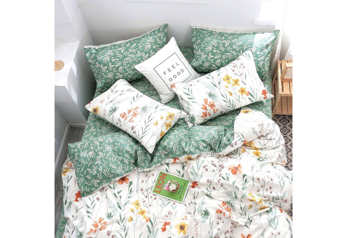 KEAYOO Bettwäsche Blumen, 2 teilig, Blumen Grün Baumwolle Bettwäsche mit Reißverschluss – Bild 5 von 5
