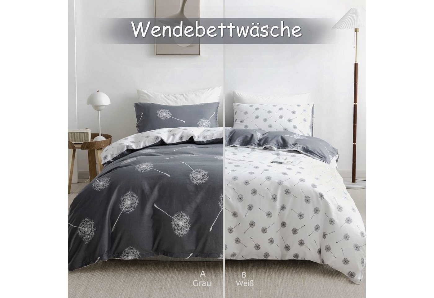 KEAYOO Bettwäsche QCJY, Baumwolle, 2 teilig, Baumwolle, Mit Reißverschluss, Mit Pusteblume Muster – Bild 4 von 5