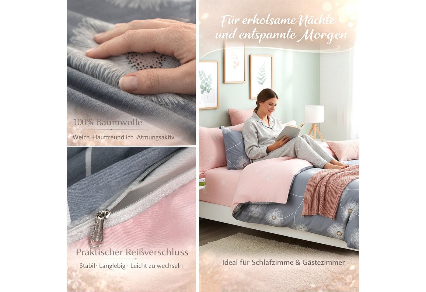 KEAYOO Bettwäsche XDD, Baumwolle, 2 teilig, 100% Baumwolle Grau Rosa Wendebettwäsche mit Reißverschluss – Bild 2 von 5