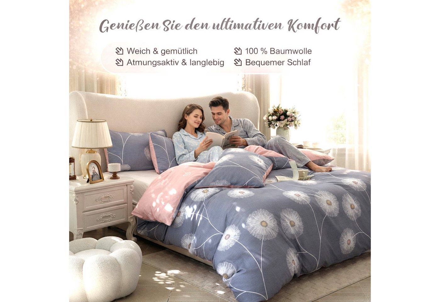 KEAYOO Bettwäsche XDD, Baumwolle, 2 teilig, 100% Baumwolle Grau Rosa Wendebettwäsche mit Reißverschluss – Bild 3 von 5