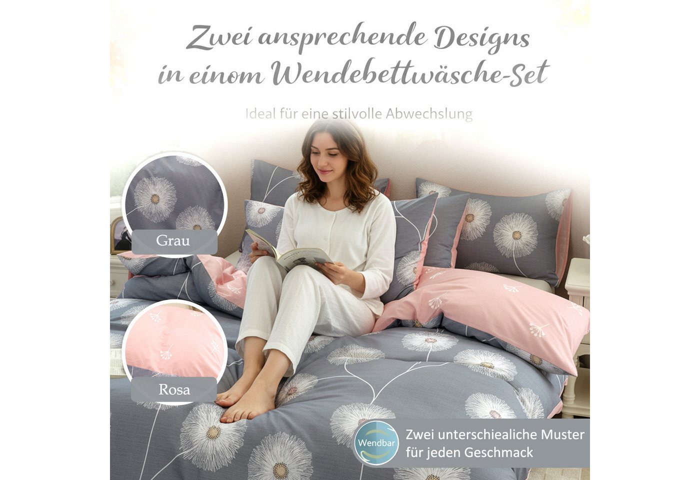 KEAYOO Bettwäsche XDD, Baumwolle, 2 teilig, 100% Baumwolle Grau Rosa Wendebettwäsche mit Reißverschluss – Bild 5 von 5