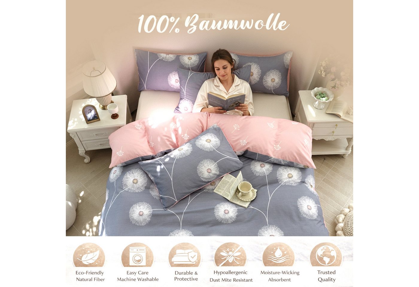 KEAYOO Bettwäsche XDD, Baumwolle, 4 teilig, 100% Baumwolle Grau Rosa Wendebettwäsche mit Reißverschluss – Bild 4 von 5