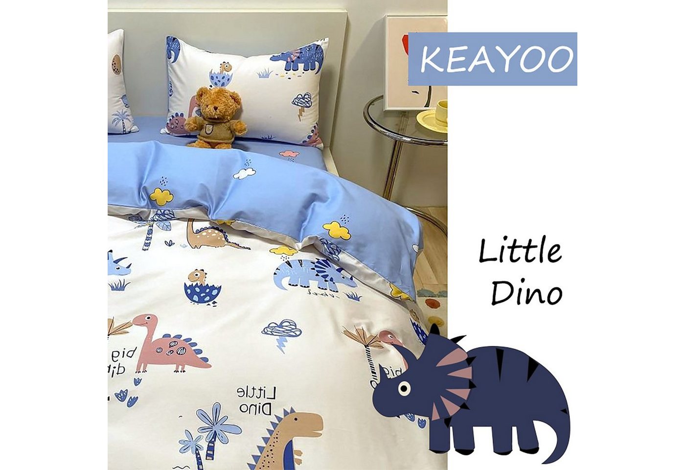 KEAYOO Kinderbettwäsche QWKL, Baumwolle, 2 teilig, 100% Baumwolle Kinderbettwäsche mit Dino – Bild 3 von 5