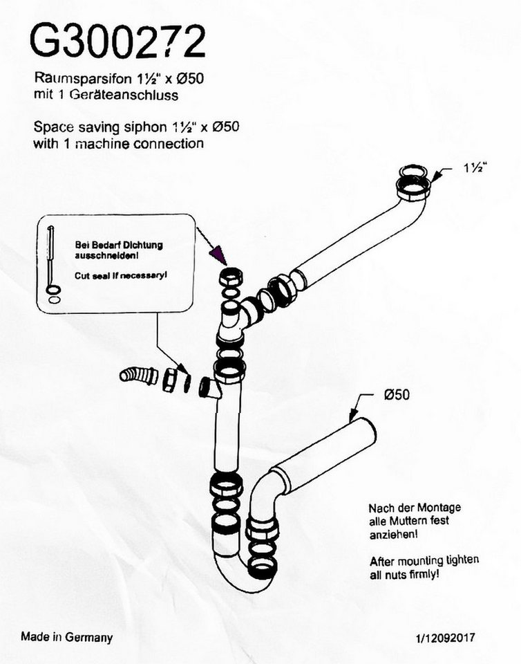 keenberk Siphon 1,5 Zoll x 50 mm Abgang waagerecht 90 Grad Winkel ein Geräteanschluss – Bild 2 von 4