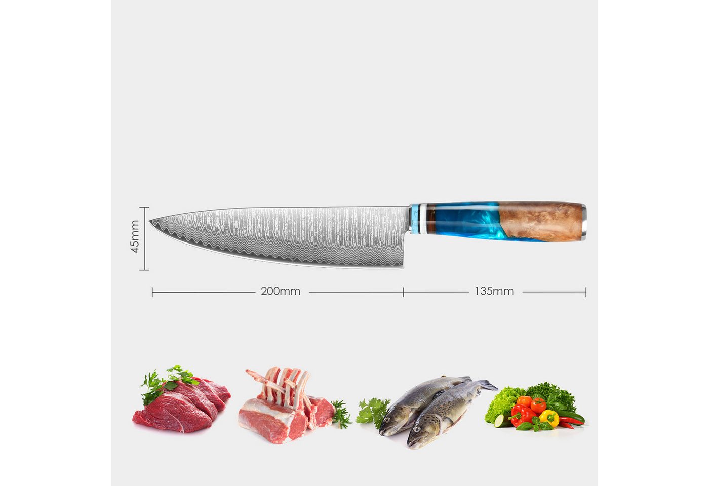 KEENZO Damastmesser Damast Küchenmesser, 20cm Klinge, 67 Schichten Damaststahl Harzgriff, damaststahl, Harzgriff, Ergonomisch geformt – Bild 3 von 5