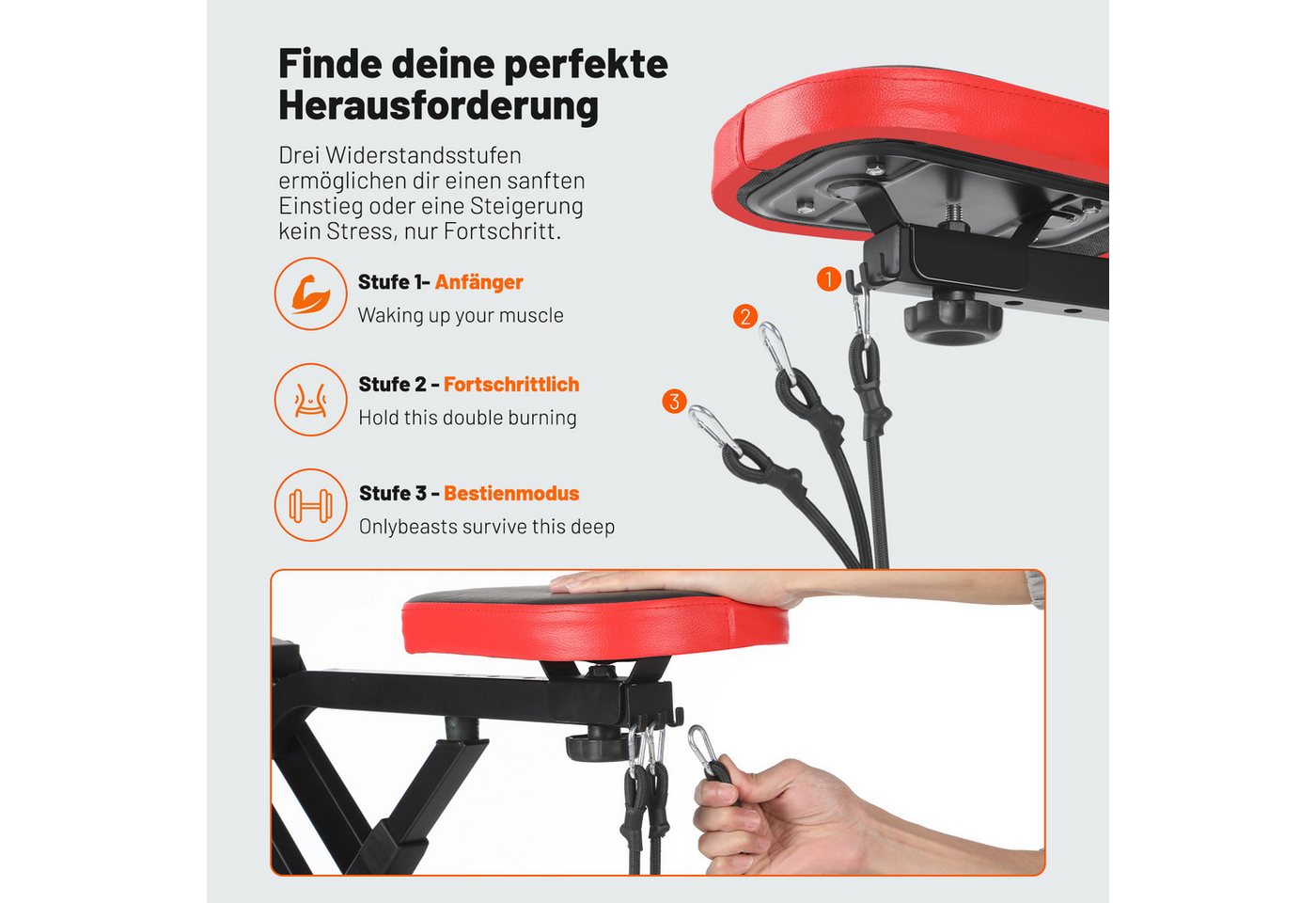 kehot Bauchtrainer Kompakter Squat Trainer mit Sitz & Griff, Klappbar (Höhen- und Sitzverstellung für Individuelles Ganzkörpertraining, Mit 3 Widerstandsbändern – Bild 4 von 5