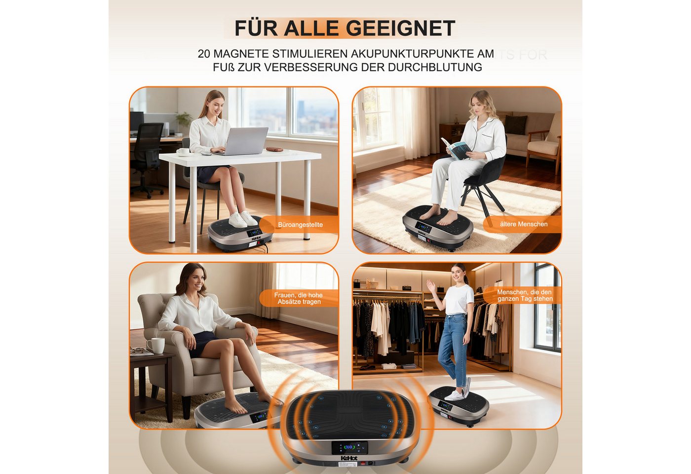 kehot Vibrationsplatte Ganzkörper, 3D Fitnessgeräte mit 2 Bändern & Fernbedienung, 200 W, 120 Intensitätsstufen, (Set, mit Trainingsbandern), Schwingung Modus,  – Bild 5 von 5