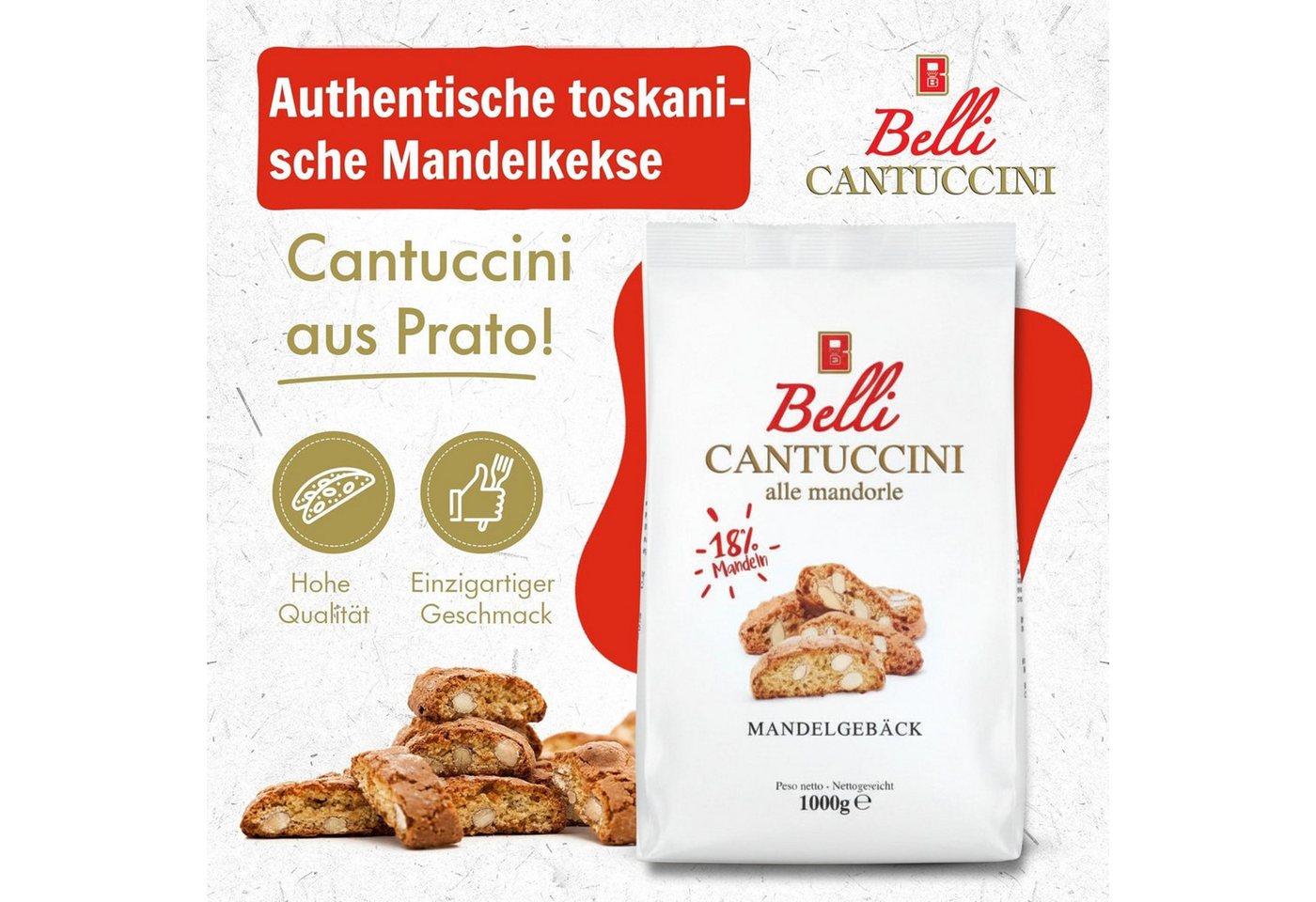 Belli Cantuccini Kekse Belli Cantuccini mit Mandeln, 1kg Großpackung, Gebäck aus Italien, 1 x (1000g Beutel, traditionelles italienisches Gebäck) – Bild 2 von 5