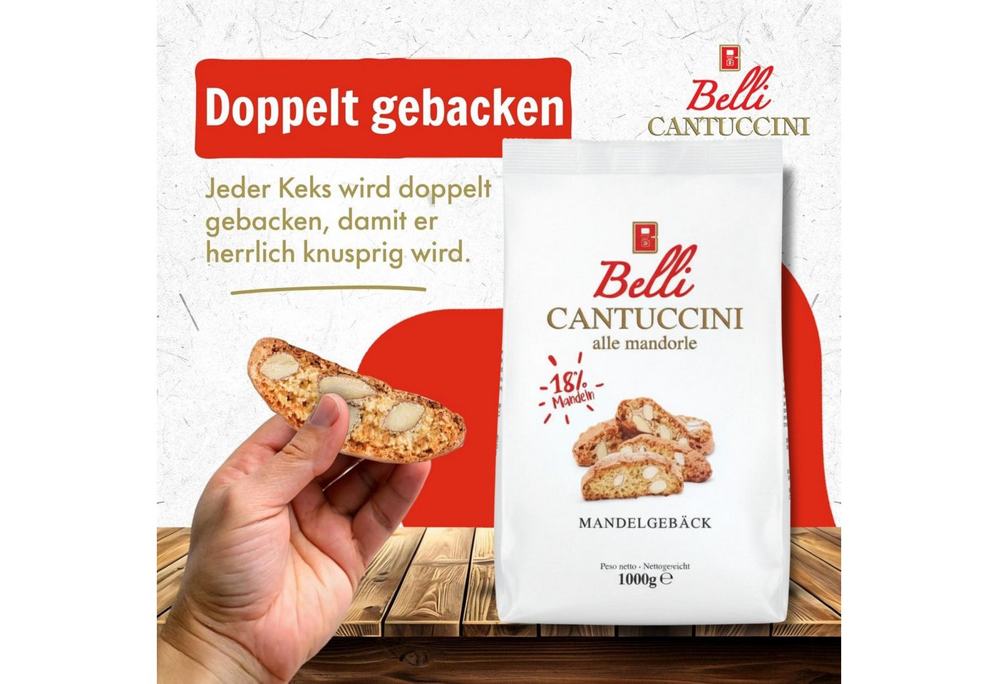 Belli Cantuccini Kekse Belli Cantuccini mit Mandeln, 1kg Großpackung, Gebäck aus Italien, 1 x (1000g Beutel, traditionelles italienisches Gebäck) – Bild 3 von 5