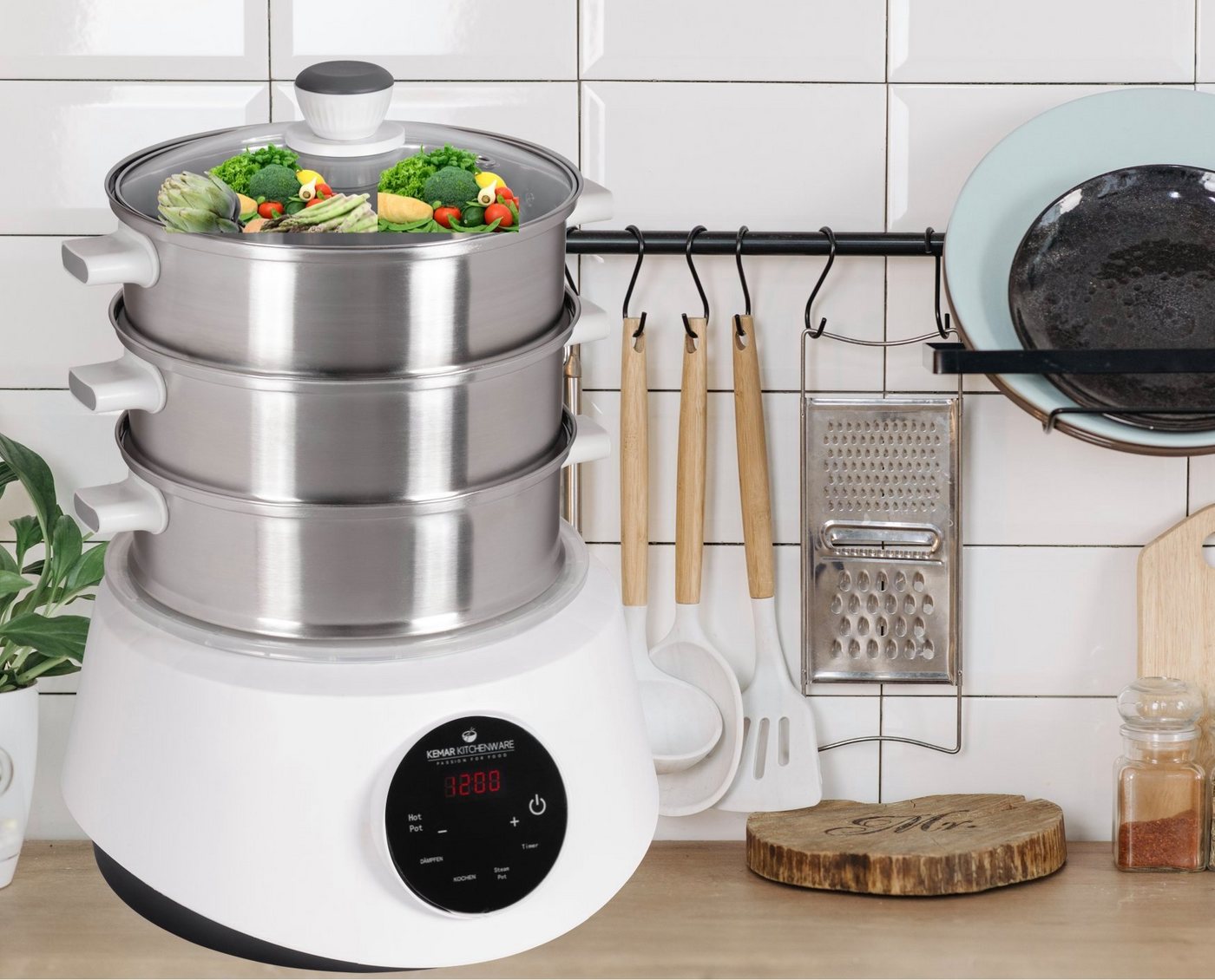 KeMar Kitchenware 4-in-1-Dampfgarer KFS-3000, 1200,00 W, Wassertank aus Edelstahl Dämpfkörbe aus Edelstahl, Glasdeckel – Bild 3 von 5