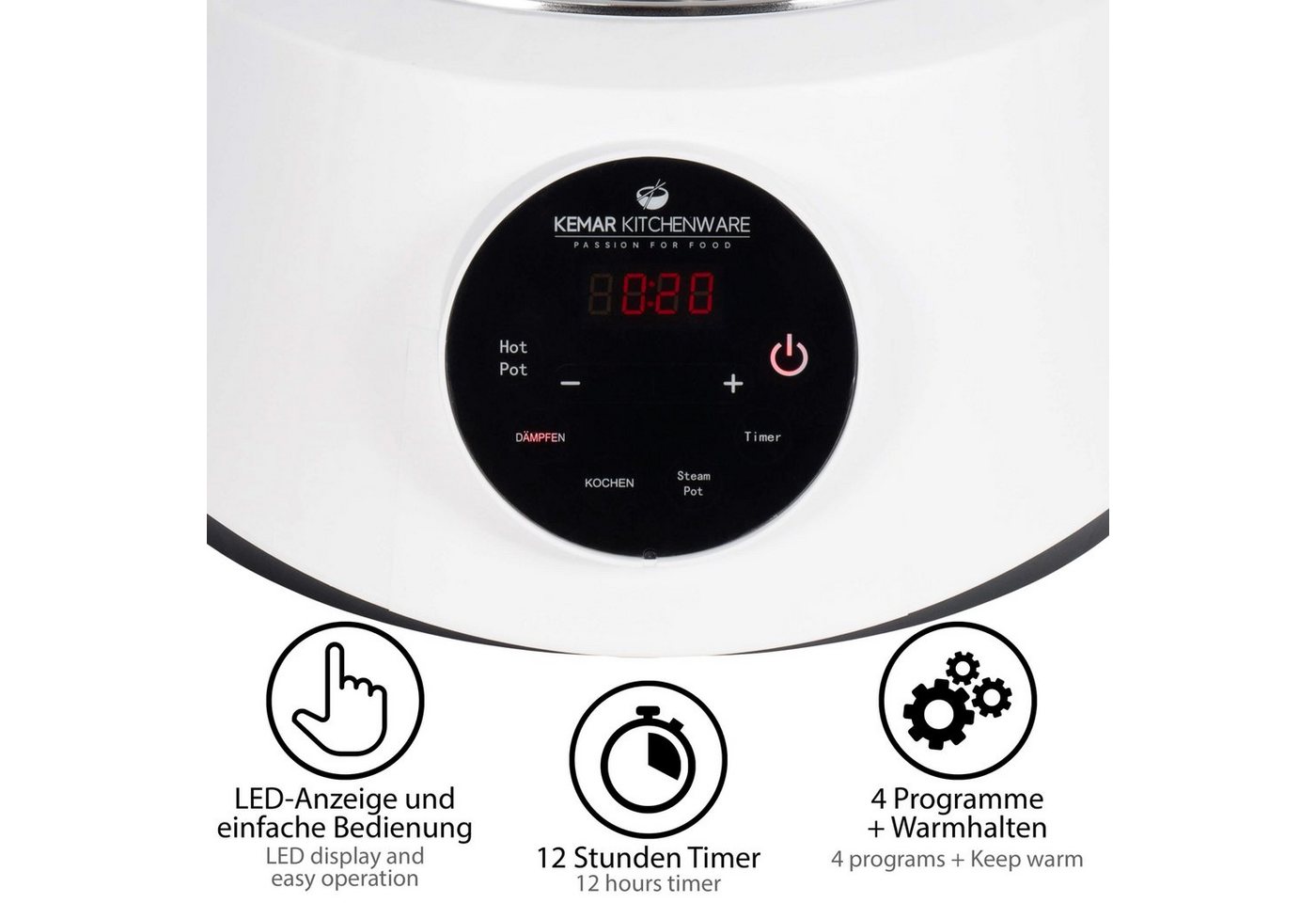 KeMar Kitchenware 4-in-1-Dampfgarer KFS-3000, 1200,00 W, Wassertank aus Edelstahl Dämpfkörbe aus Edelstahl, Glasdeckel – Bild 5 von 5