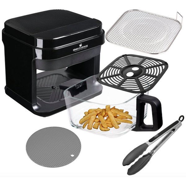 KeMar Kitchenware Heißluftfritteuse, 1200,00 W, Glasbehälter, Edelstahleinsatz, ohne Beschichtung, Zange, Silkonmatte