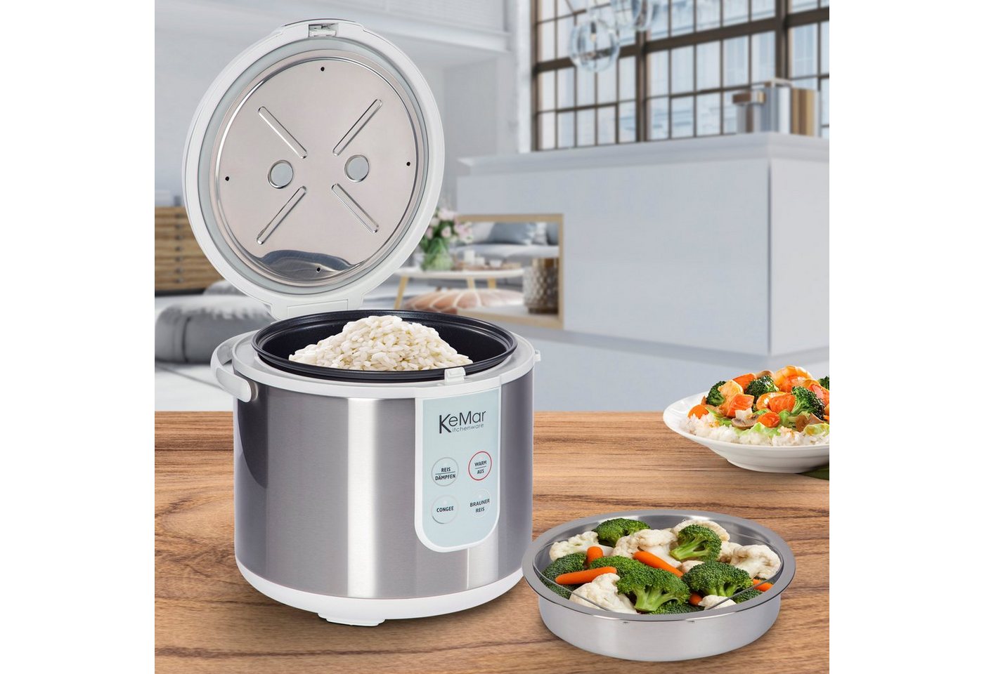 KeMar Kitchenware Reiskocher KRC-130, 700 W, 4 Programme, Innendeckel Edelstahl, Warmhalteprogramm, Softtouch – Bild 2 von 5