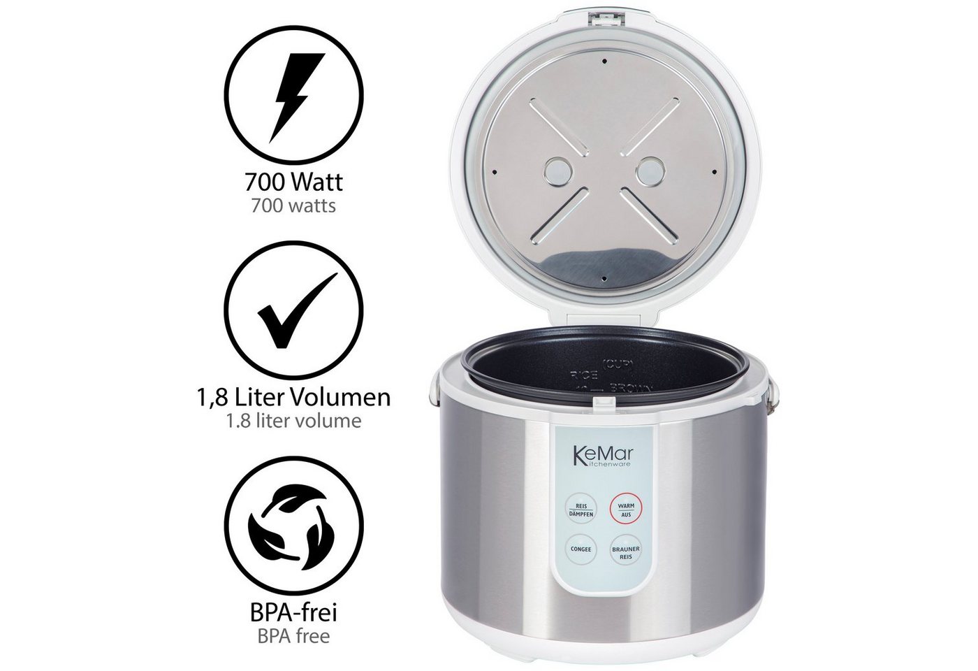 KeMar Kitchenware Reiskocher KRC-130, 700 W, 4 Programme, Innendeckel Edelstahl, Warmhalteprogramm, Softtouch – Bild 3 von 5