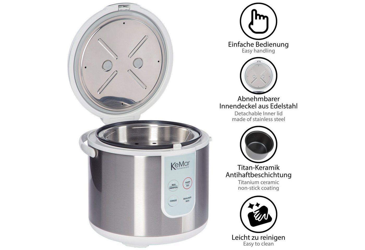 KeMar Kitchenware Reiskocher KRC-130, 700 W, 4 Programme, Innendeckel Edelstahl, Warmhalteprogramm, Softtouch – Bild 4 von 5