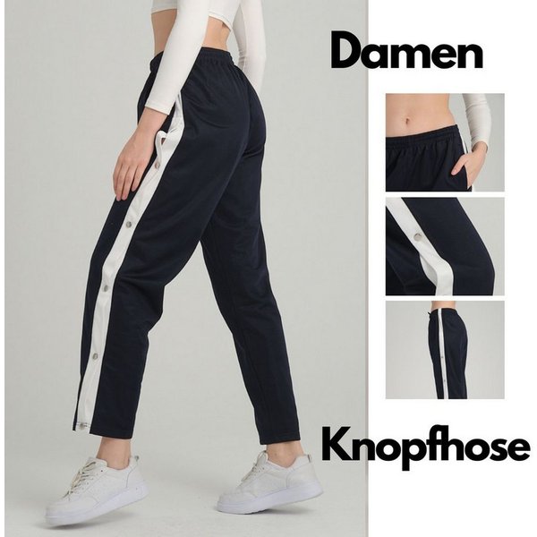Kendindza Collection Jogginghose Knopfhose Jogginghose mit Druckknöpfen Sporthose Damen Relaxhose Tunnelzug Gummibund Streifen Knöpfe