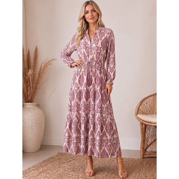 Kendindza Collection Maxikleid Sommerkleid Damen Lang Viskose Elegantes Sommer Kleid lang Maxi Kleid Ikat-Print Knopfleiste & Schnurbund, Luftig Leicht