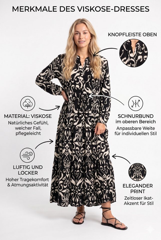 Kendindza Collection Sommerkleid Sommerkleid Damen Lang Viskose Elegantes Maxikleid lang Maxi Kleid Ikat-Print Knopfleiste & Schnurbund, Luftig Leicht – Bild 2 von 4