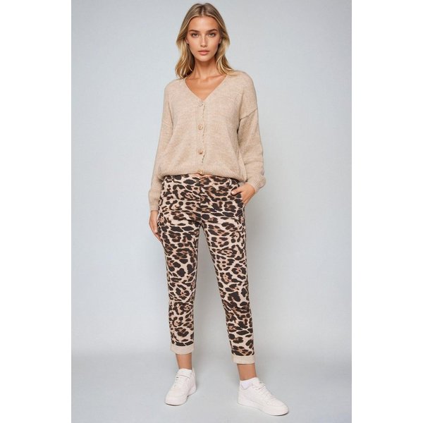 Kendindza Collection Stretch-Hose Damen Leo Print Hose elegant Leopardenmuster Stoffhose Stretch Animalprint Leoprint Leo Stretch