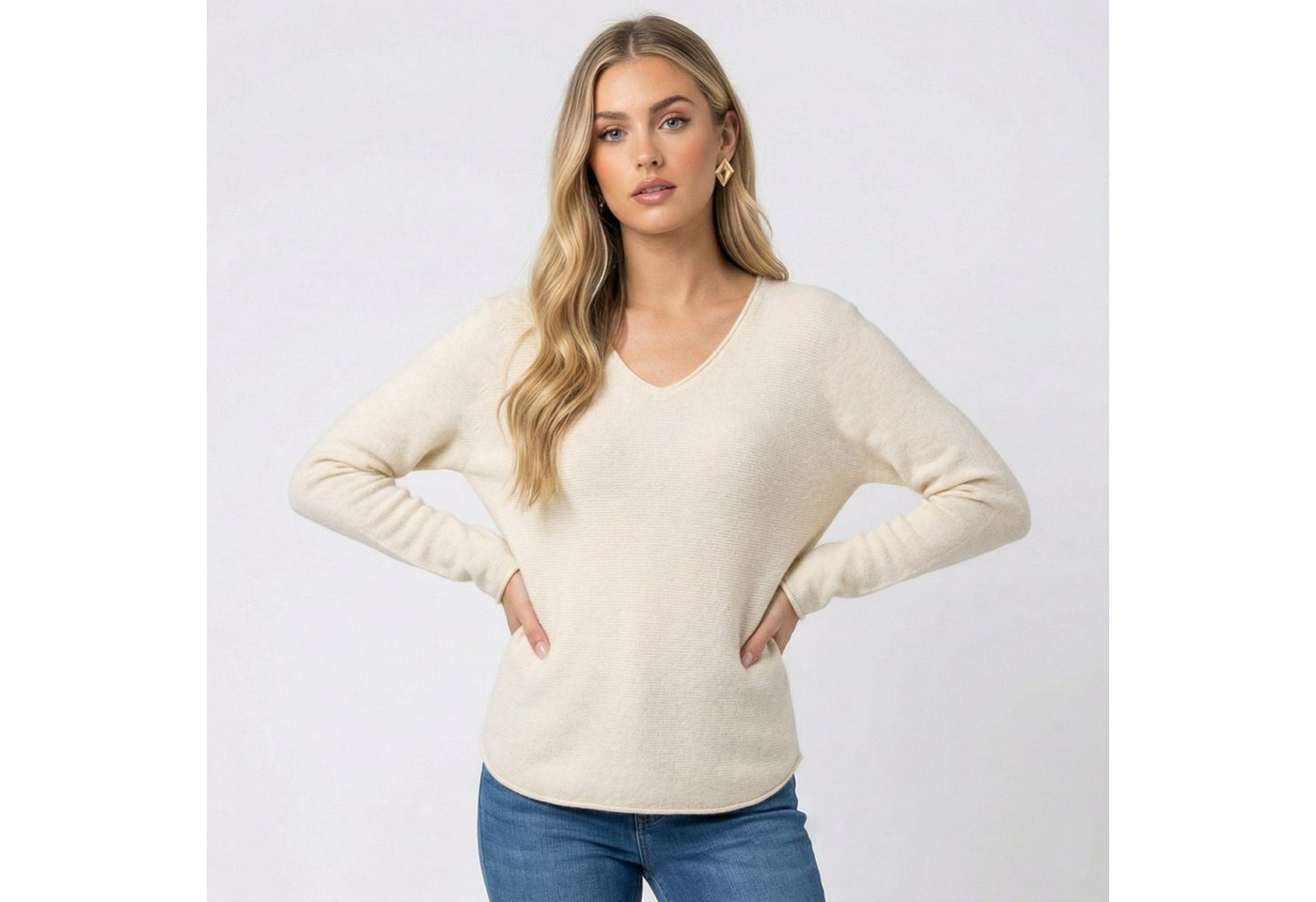 Kendindza Collection V-Ausschnitt-Pullover Damen Strickpullover V-Ausschnitt Feinstrick Basic Sweater Langarm Made in Italy - Weicher Viskose-Wolle Mix - One Si – Bild 2 von 5