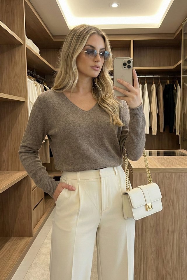 Kendindza Collection V-Ausschnitt-Pullover Damen Strickpullover V-Ausschnitt Feinstrick Basic Sweater Langarm Made in Italy - Weicher Viskose-Wolle Mix - One Si – Bild 4 von 5