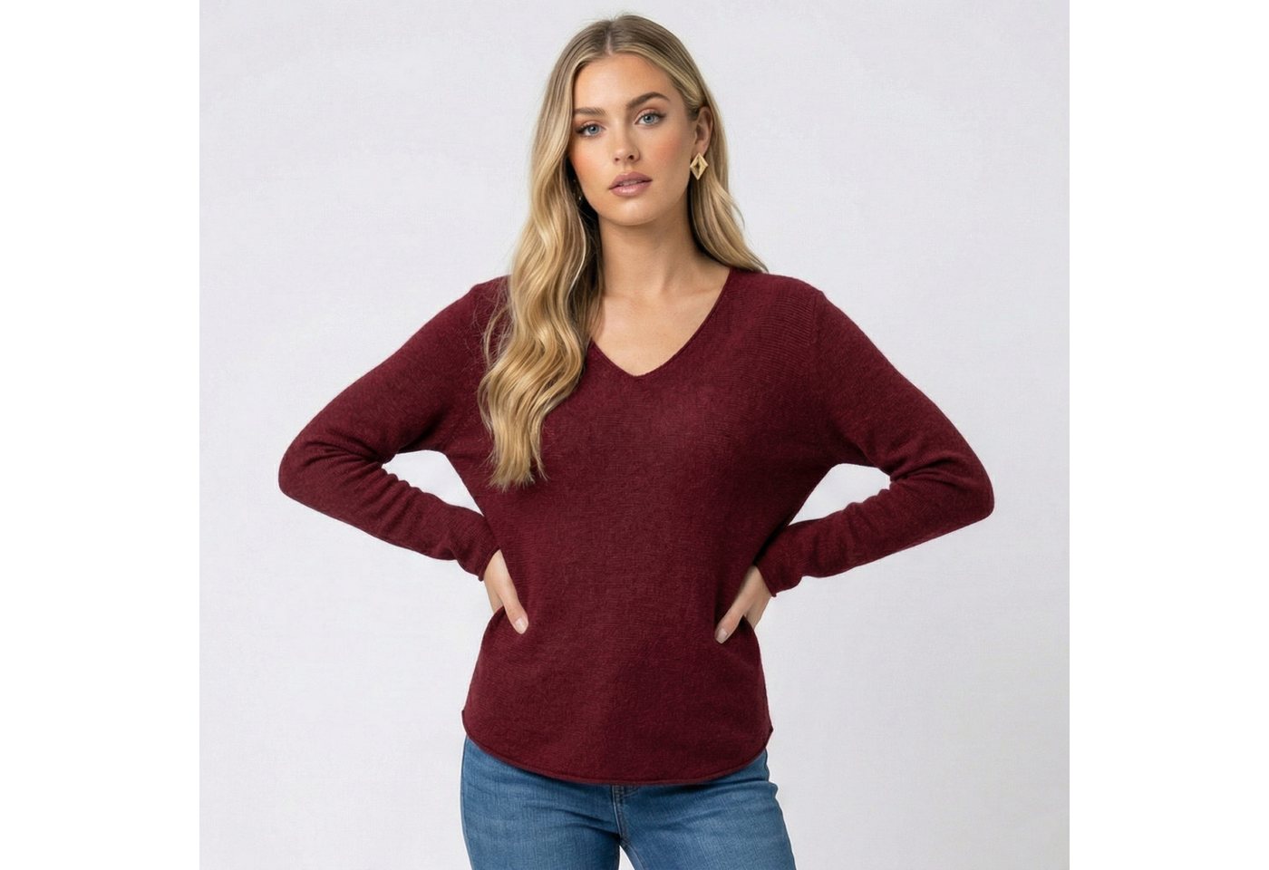 Kendindza Collection V-Ausschnitt-Pullover Damen Strickpullover V-Ausschnitt Feinstrick Basic Sweater Langarm Made in Italy - Weicher Viskose-Wolle Mix - One Si – Bild 4 von 5