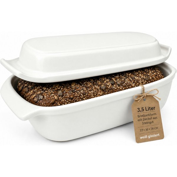 KERAZO Brotbackform 3,5L Keramik Bräter mit Deckel Brottopf Auflaufform 33x16x14cm, weiß, Für knuspriges Brot und saftige Ofengerichte