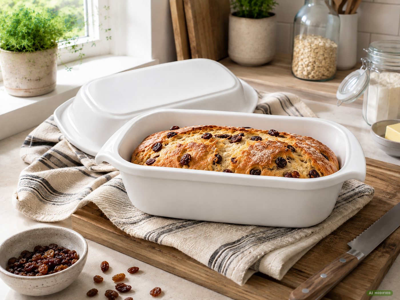 KERAZO Brotbackform 3,5L Keramik Bräter mit Deckel Brottopf Auflaufform 33x16x14cm, weiß, Für knuspriges Brot und saftige Ofengerichte – Bild 4 von 5
