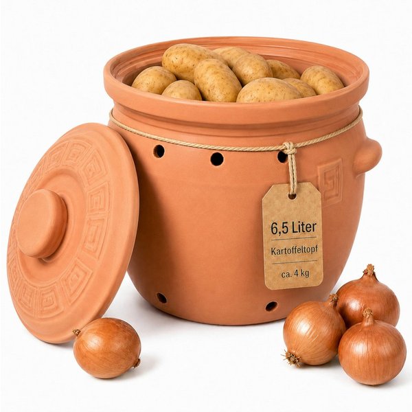 KERAZO Vorratsdose 6,5 Liter Kartoffeltopf & Zwiebeltopf mit Deckel aus Steingut, Natur, Steingut, Ohne Glasur – für dunkle, gut belüftete Kartoffellagerung