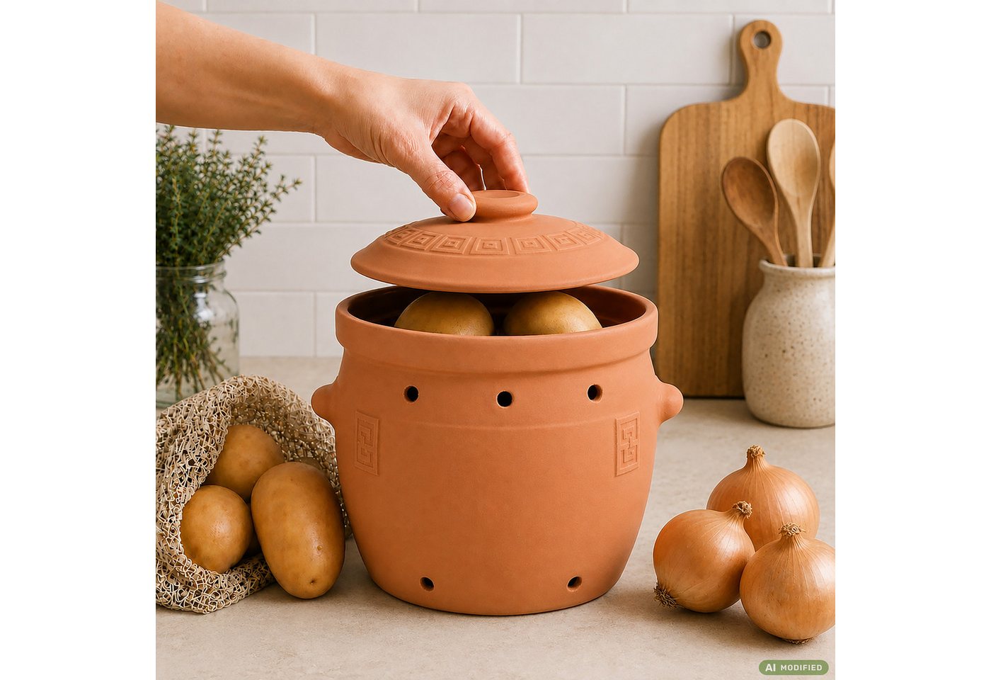 KERAZO Vorratsdose 6,5 Liter Kartoffeltopf & Zwiebeltopf mit Deckel aus Steingut, Natur, Steingut, Ohne Glasur – für dunkle, gut belüftete Kartoffellagerung – Bild 5 von 5