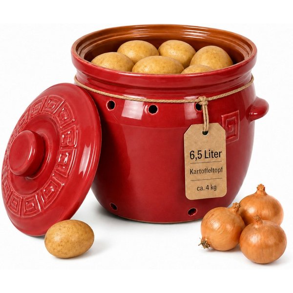 KERAZO Vorratsdose 6,5 Liter Kartoffeltopf & Zwiebeltopf mit Deckel aus Steingut, rot, Steingut, Unterstützt eine dunkle und gut belüftete Aufbewahrung von Kart