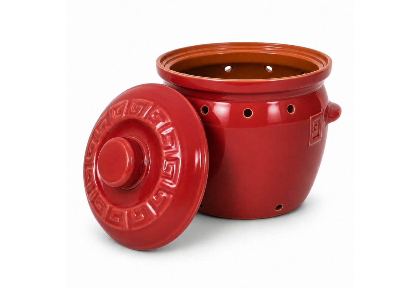 KERAZO Vorratsdose 6,5 Liter Kartoffeltopf & Zwiebeltopf mit Deckel aus Steingut, rot, Steingut, Unterstützt eine dunkle und gut belüftete Aufbewahrung von Kart – Bild 3 von 5