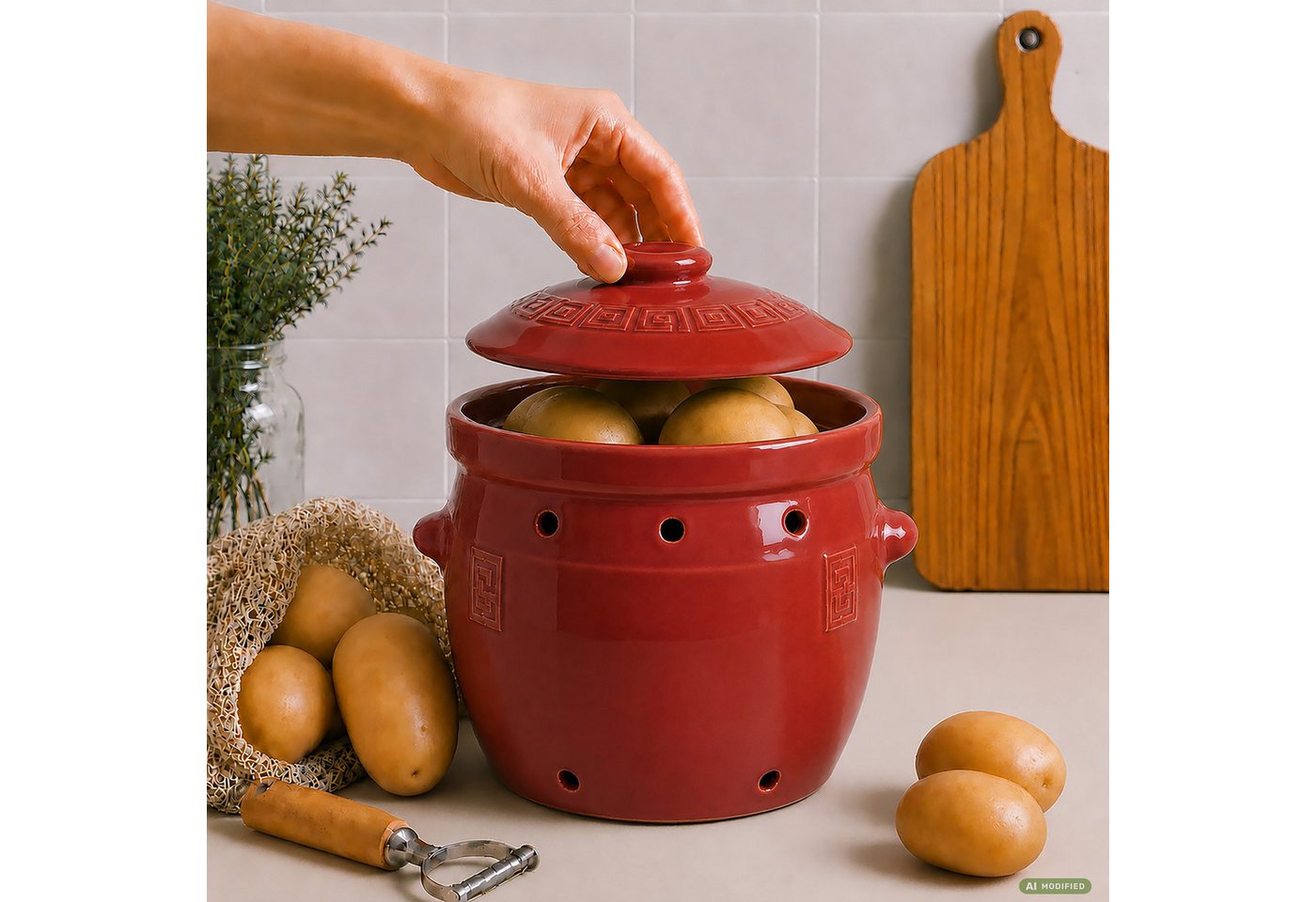 KERAZO Vorratsdose 6,5 Liter Kartoffeltopf & Zwiebeltopf mit Deckel aus Steingut, rot, Steingut, Unterstützt eine dunkle und gut belüftete Aufbewahrung von Kart – Bild 5 von 5