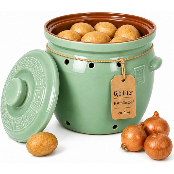 KERAZO Vorratsdose 6,5 Liter Kartoffeltopf & Zwiebeltopf mit Deckel aus Steingut, grün, Steingut, Unterstützt eine dunkle und gut belüftete Aufbewahrung von Kar