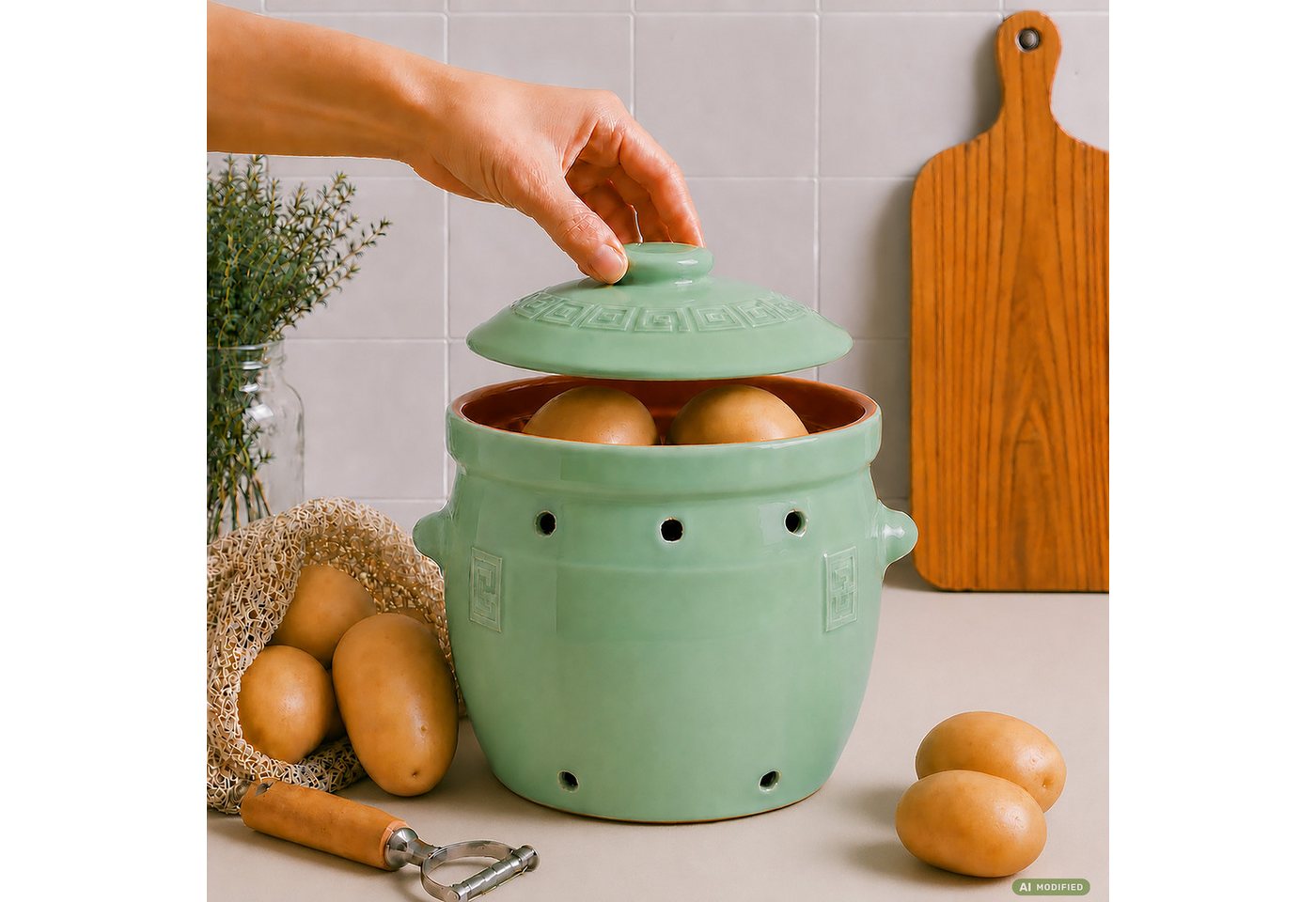 KERAZO Vorratsdose 6,5 Liter Kartoffeltopf & Zwiebeltopf mit Deckel aus Steingut, grün, Steingut, Unterstützt eine dunkle und gut belüftete Aufbewahrung von Kar – Bild 5 von 5
