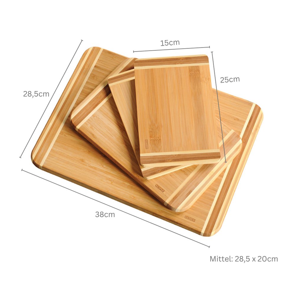 KESPER® Schneidebrett 3 verschiedene Größen, Bambus, (Set, 4-St), (1x 38x28,5x1,6 cm, 1x 28,5x20x1,6 cm, 2 x 25x15x1 cm) – Bild 3 von 3