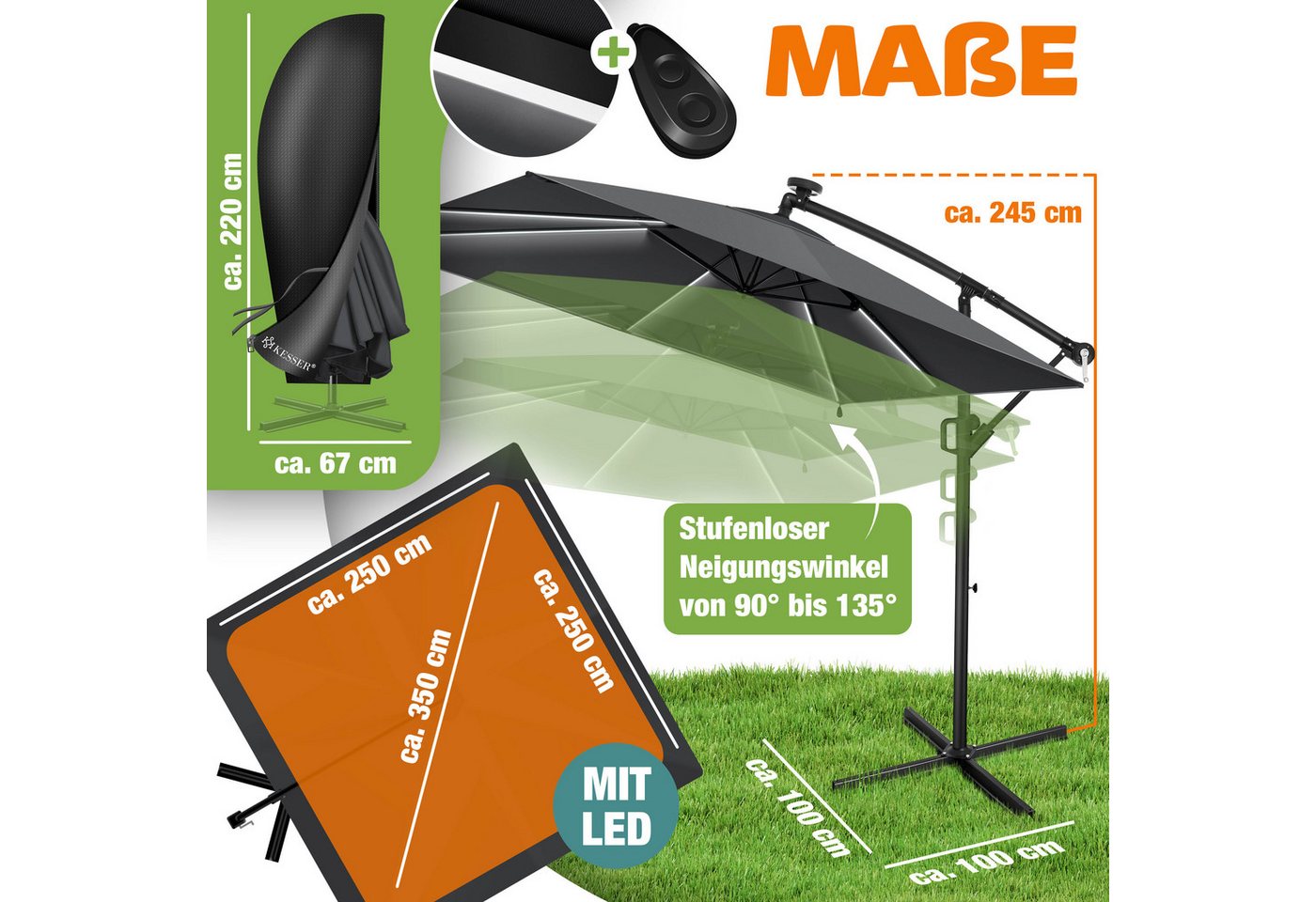 KESSER Ampelschirm, Ø350cm Sonnenschirm inkl. Abdeckung & Wind- & wetterfest – Bild 2 von 5