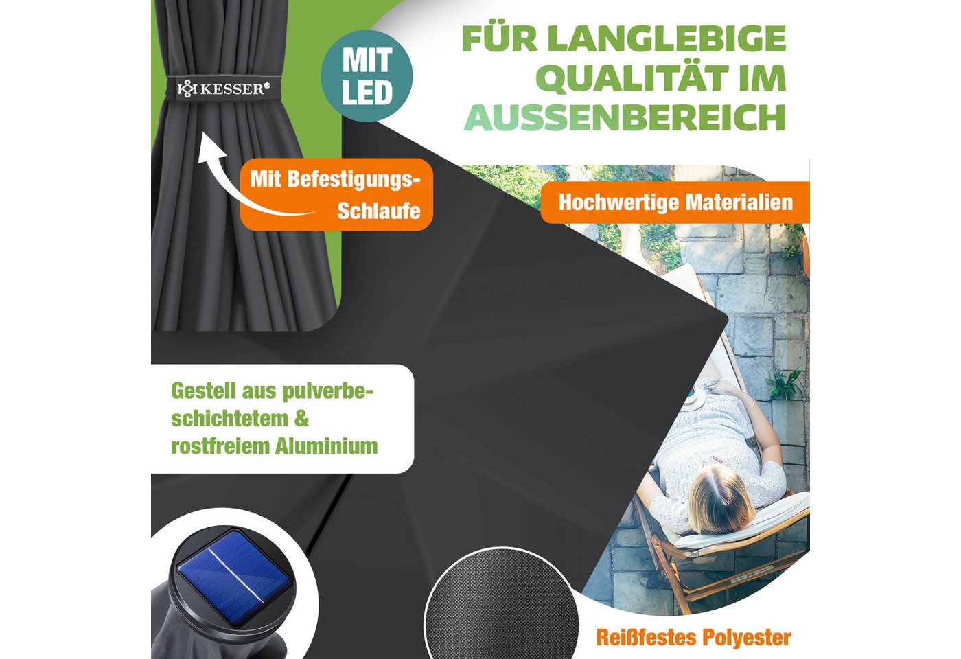 KESSER Ampelschirm, Ø350cm Sonnenschirm inkl. Abdeckung & Wind- & wetterfest – Bild 3 von 5