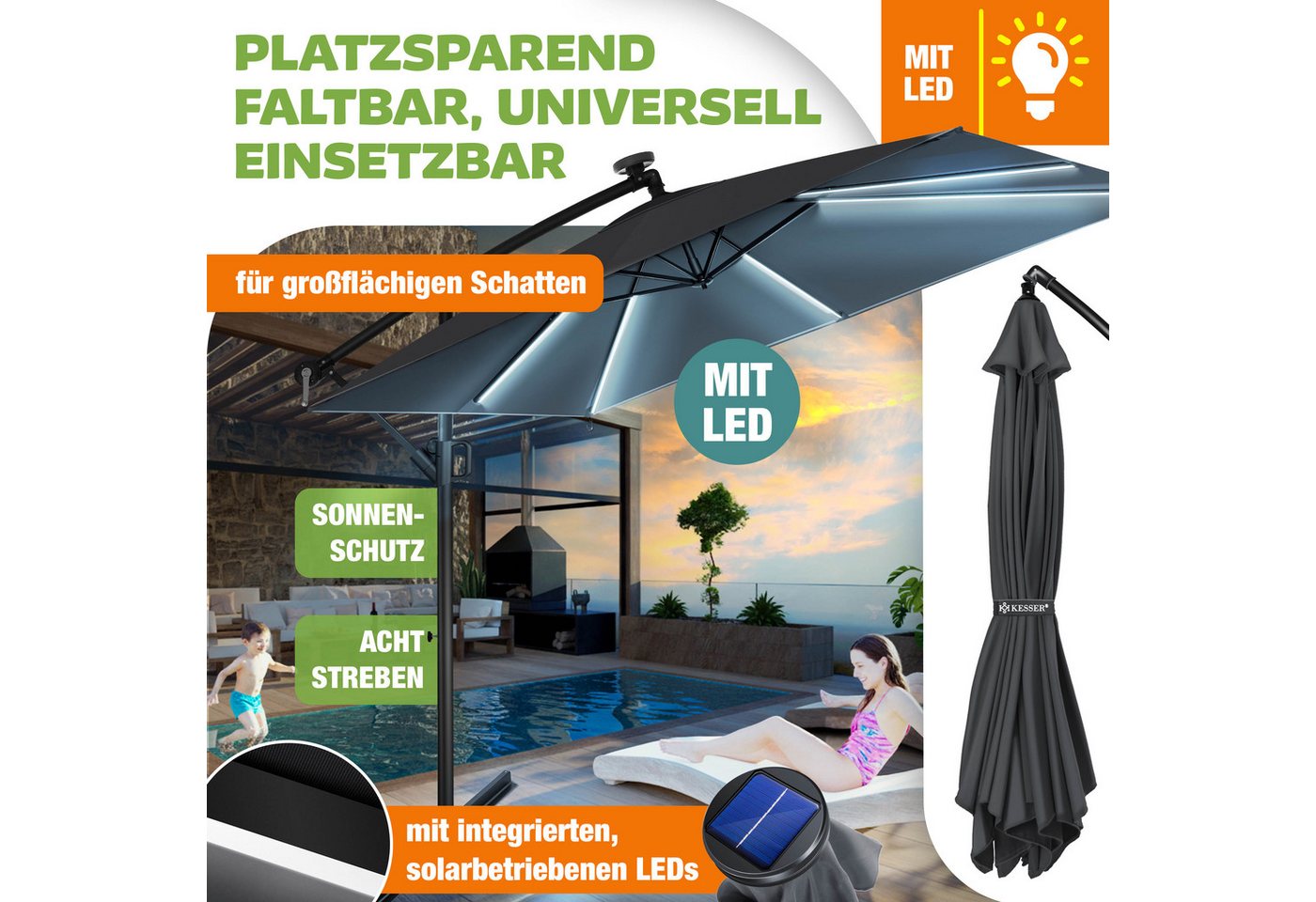 KESSER Ampelschirm, Ø350cm Sonnenschirm inkl. Abdeckung & Wind- & wetterfest – Bild 4 von 5