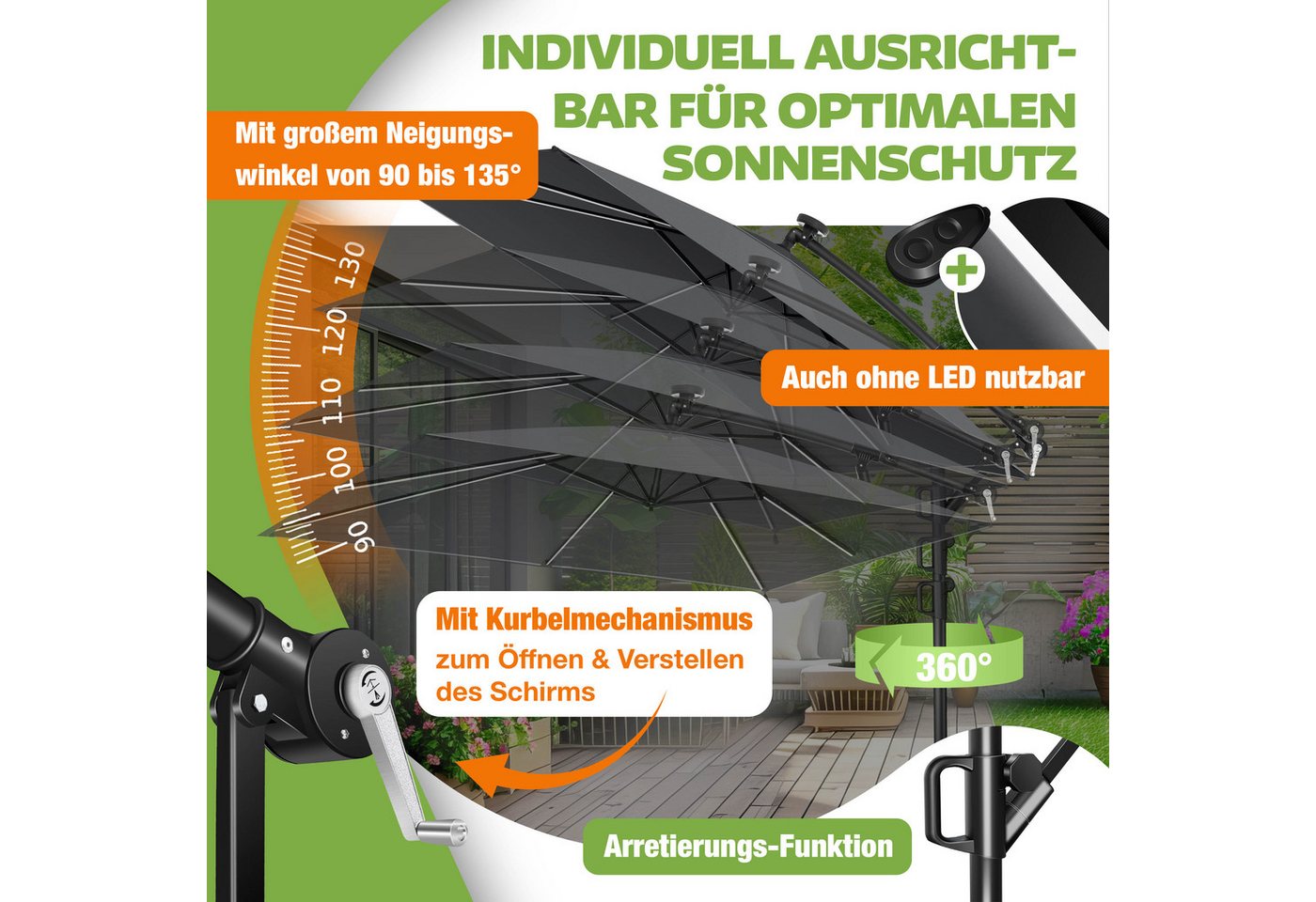KESSER Ampelschirm, Ø350cm Sonnenschirm inkl. Abdeckung & Wind- & wetterfest – Bild 5 von 5