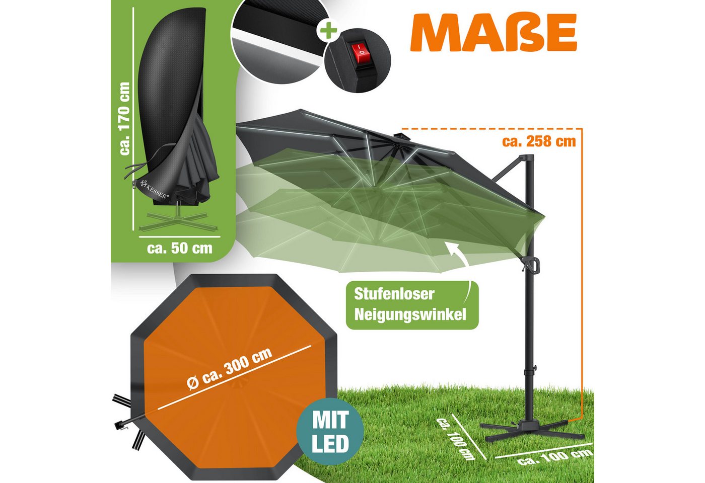 KESSER Ampelschirm, Sonnenschirm SUN Rund XL Ø330 cm 360° Drehbar inkl. Abdeckung – Bild 2 von 5