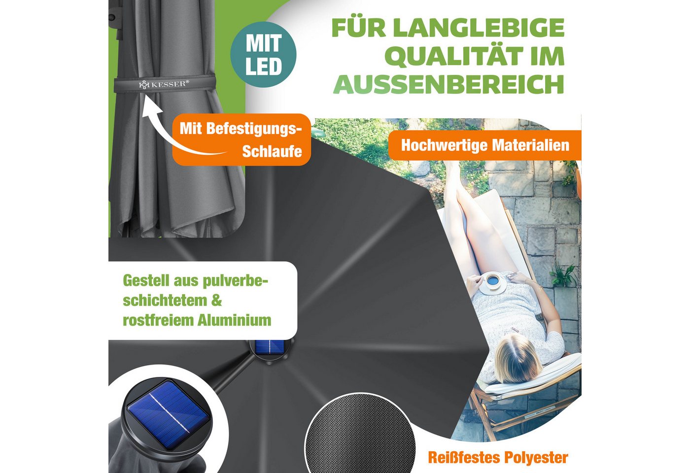 KESSER Ampelschirm, Sonnenschirm SUN Rund XL Ø330 cm 360° Drehbar inkl. Abdeckung – Bild 3 von 5