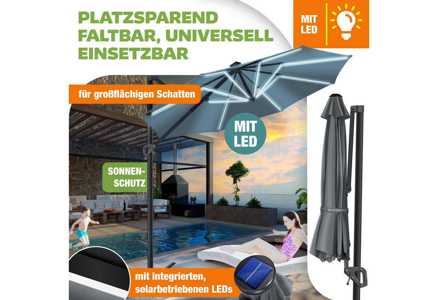 KESSER Ampelschirm, Sonnenschirm SUN Rund XL Ø330 cm 360° Drehbar inkl. Abdeckung – Bild 4 von 5