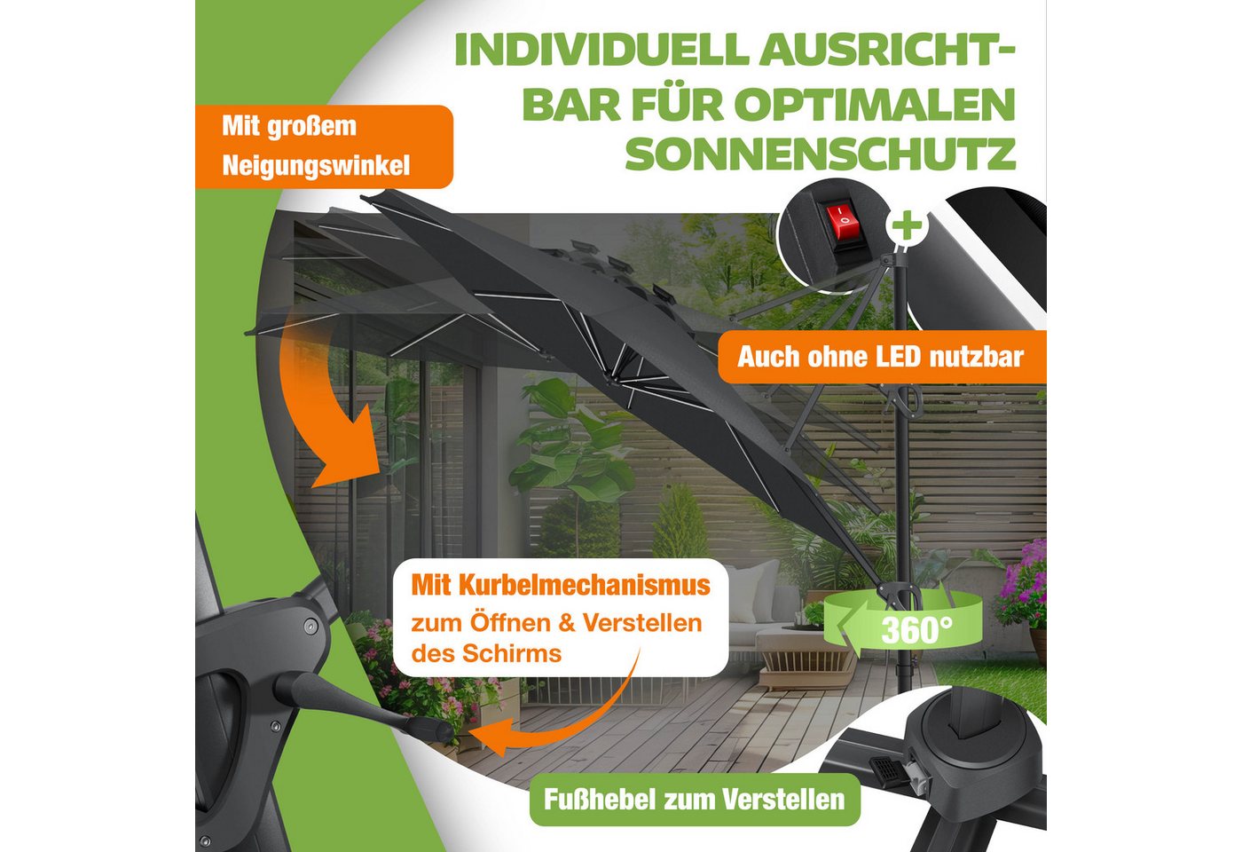 KESSER Ampelschirm, Sonnenschirm SUN Rund XL Ø330 cm 360° Drehbar inkl. Abdeckung – Bild 5 von 5