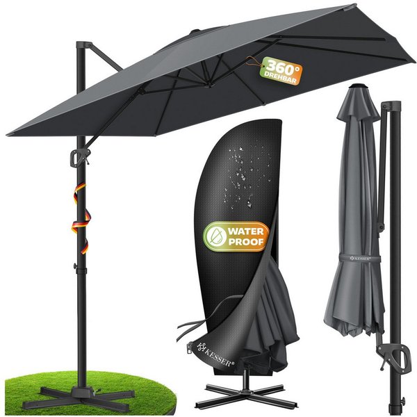 KESSER Ampelschirm, Sonnenschirm SUN XL 300 300 cm Inkl. Abdeckung 360° Drehbar & Neigbar
