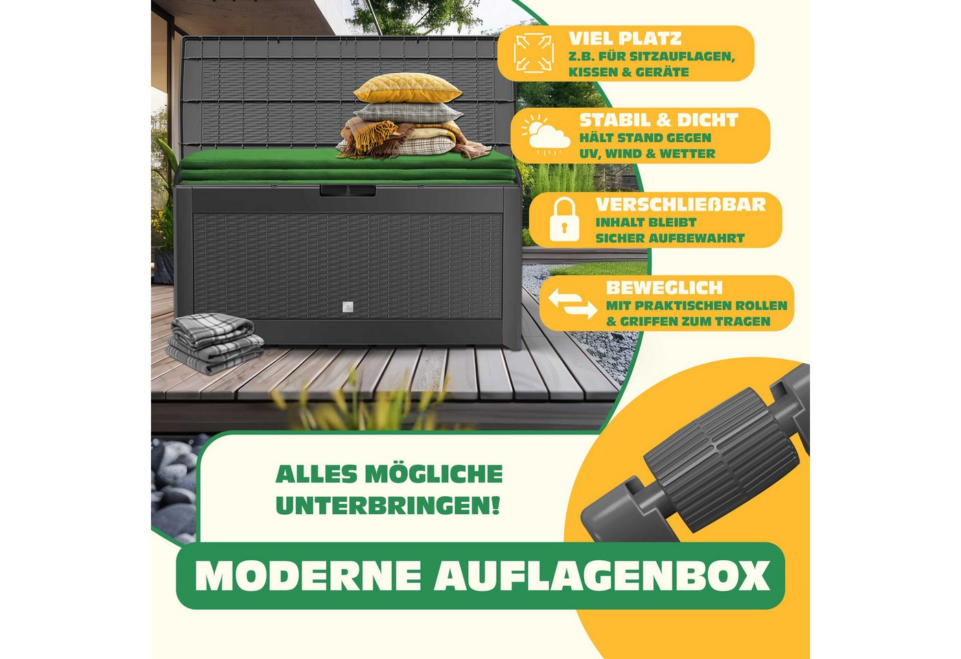 KESSER Aufbewahrungsbox, Auflagenbox Kissenbox 310 Liter mit Rollen klappbarer Deckel – Bild 2 von 5