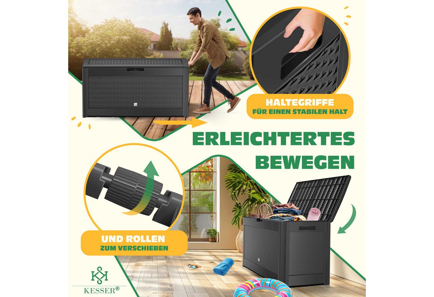 KESSER Aufbewahrungsbox, Auflagenbox Kissenbox 310 Liter mit Rollen klappbarer Deckel – Bild 5 von 5