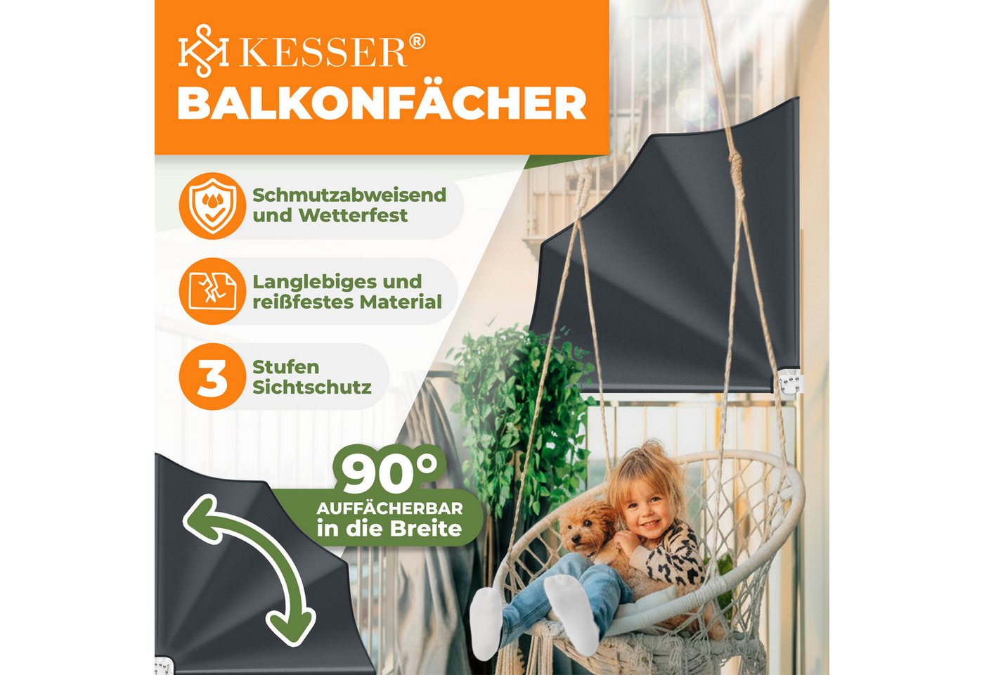 KESSER Balkonsichtschutz Balkonfächer klappbar mit Wandhalterung 140x140cm Markise Sichtschutz – Bild 2 von 5